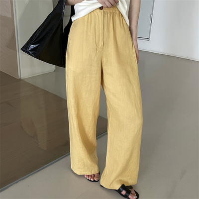 韩国QIANBEISI正品25春新松紧腰围一粒扣韩版休闲麻料直筒休闲裤