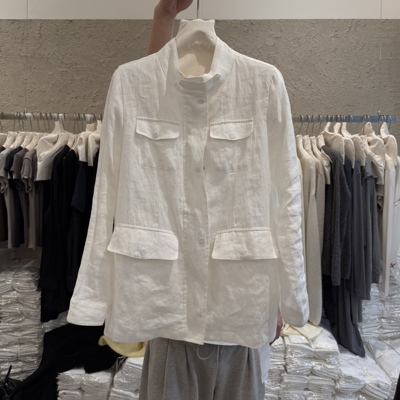 韩国BLUEPOPS正品26春新款多口袋设计感韩版休闲立领亚麻宽松外套