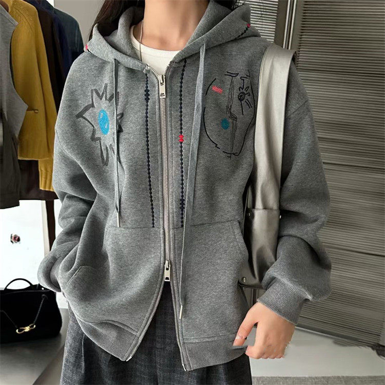 韩国25秋装新款时尚个性刺绣涂鸦图案休闲宽松双拉链带帽卫衣外套