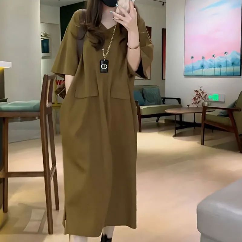 V-neck slimming multi pocket dress   V字领显瘦多口袋连衣裙女