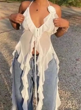 Bare back hanging neck strap sliming top露背挂脖绑带显瘦上衣