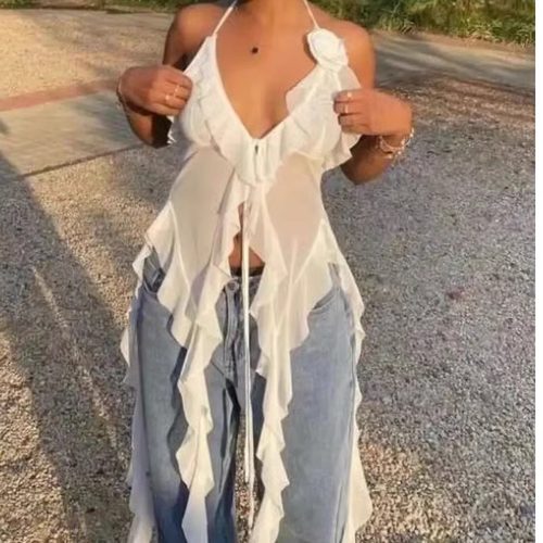 Bare back hanging neck strap sliming top露背挂脖绑带显瘦上衣