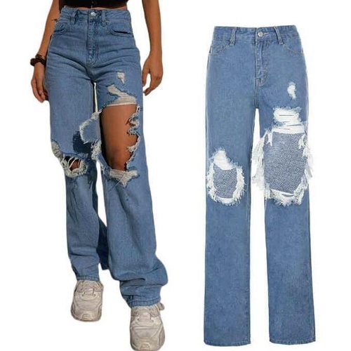 High-rise washed straight-leg jeans高腰宽松直筒牛仔破洞裤女