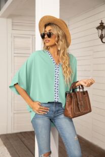 Solid Color Casual V-Neck Short Sleeve Shirt纯色休闲v领短袖