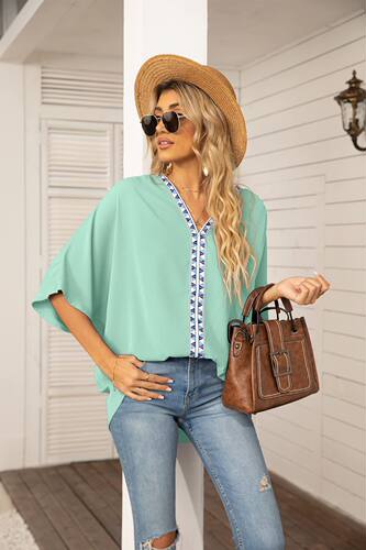 Solid Color Casual V-Neck Short Sleeve Shirt纯色休闲v领短袖