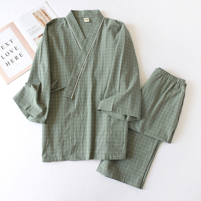 Men's lace-up plaid loungewear suit男士绑带格子家居服套装