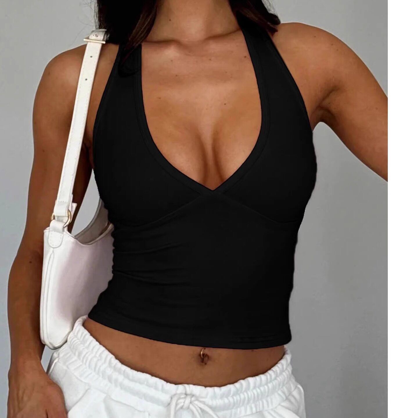 Solid color V-neck hanging neck top women纯色v字领挂脖上衣女