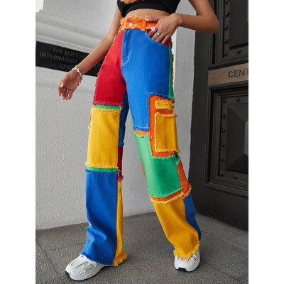 高腰撞色拼接休闲长裤 High waisted contrasting splicing pants