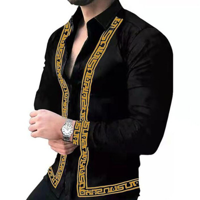 Slim Fit Casual Long Sleeve Printed Shirt修身休闲长袖衬衫男