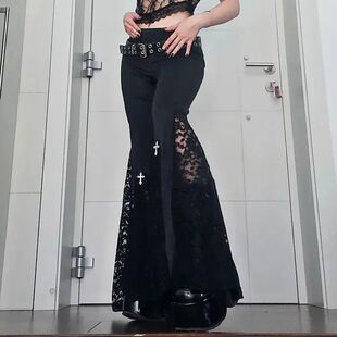 high color lid pants hollow flared waisted 纯色高腰镂空微喇裤