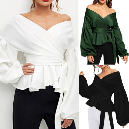 Off-the-shoulder flared sleeve waist top露肩灯笼袖收腰上衣女