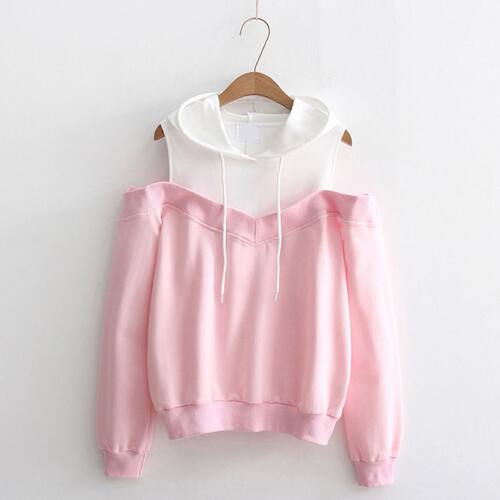 Off shoulder two piece hooded sweater 露肩假两件拼色带帽卫衣
