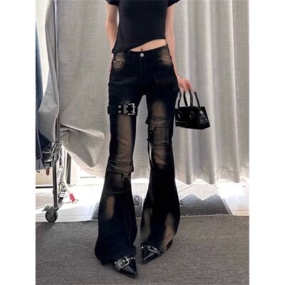 皮带拼接工装裤女Belt splicing workwear flaed pants for women