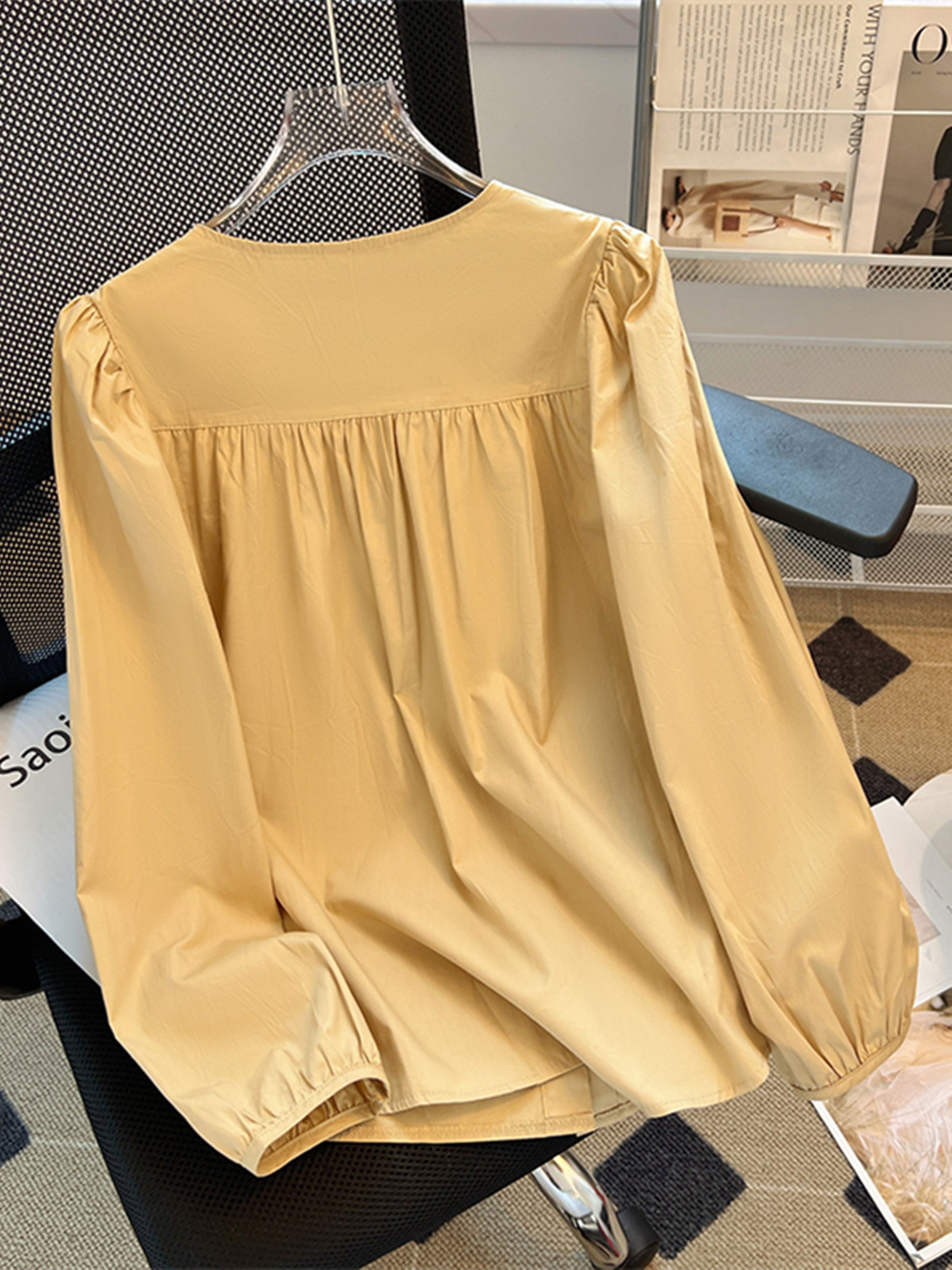 CLEARANCE AND LEAKAGE WITHDRAW FOREIGN TRADE SPRING AND AUTUMN ROUND NECK PLEATED LONG-SLEEVED COTTON SHIRT WOMENS LOOSE AND VERSATILE UNDERSHIRT TOP