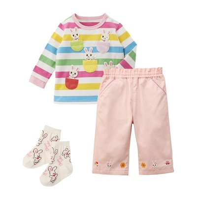 Miki童装春秋日系女童口袋熊兔彩色条纹长袖T恤裤子套装两件套