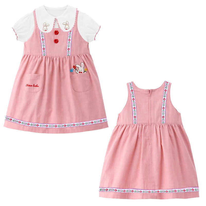 日系背带裙夏季新款女童卡通可爱小兔花朵刺绣口袋连衣裙