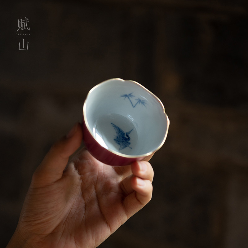青花竹鹤葵口茶杯主人杯