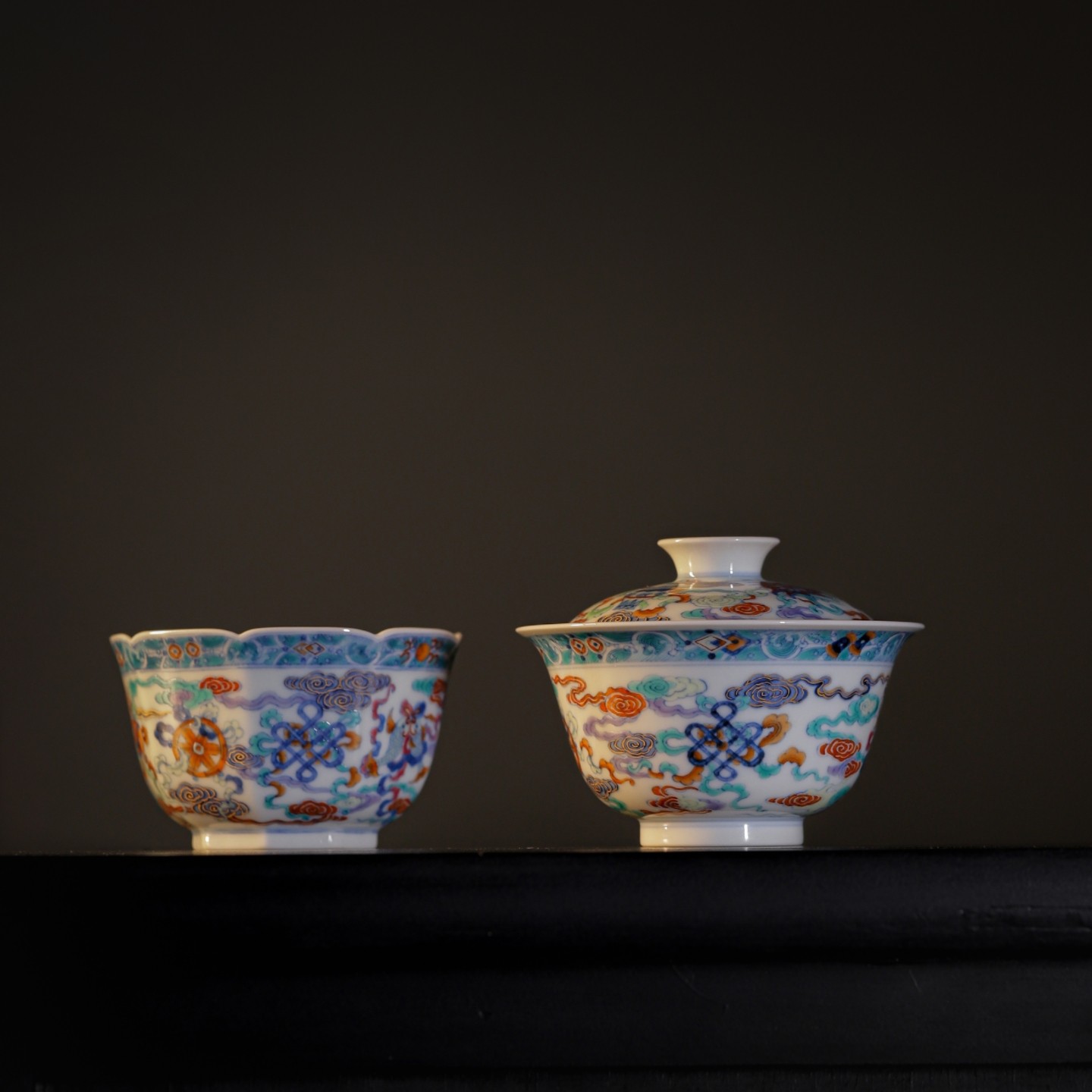 小白茶具//忘言造物盖碗愚彻斗彩描金八宝双凤纹茶碗·壶承·品杯