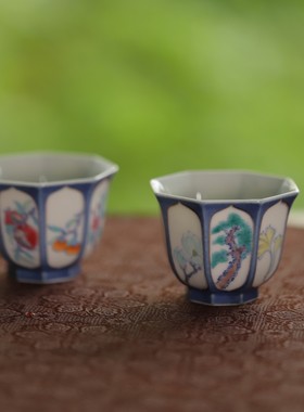 小白茶具//忘言造物愚彻蓝地斗彩芳园杯八方器型景德镇手工品茶杯