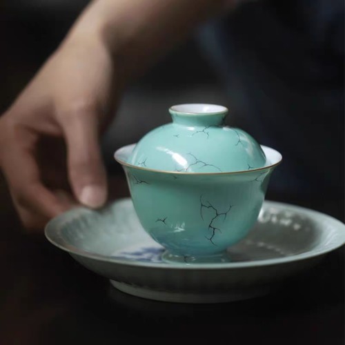小白茶具//忘言造物盖碗仿绿松石少年锦时茶碗景德镇手绘陶瓷茶器