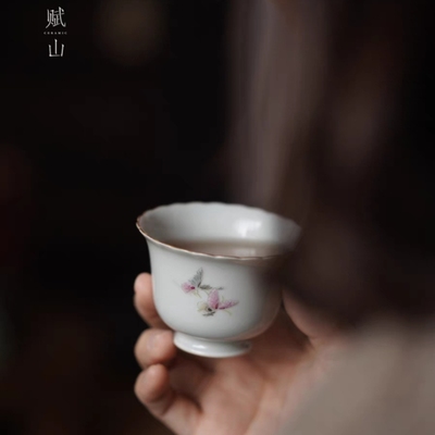 小白茶具//赋山堂茶杯蝶纹葵口主人杯陶瓷品茗杯单杯景德镇陶瓷