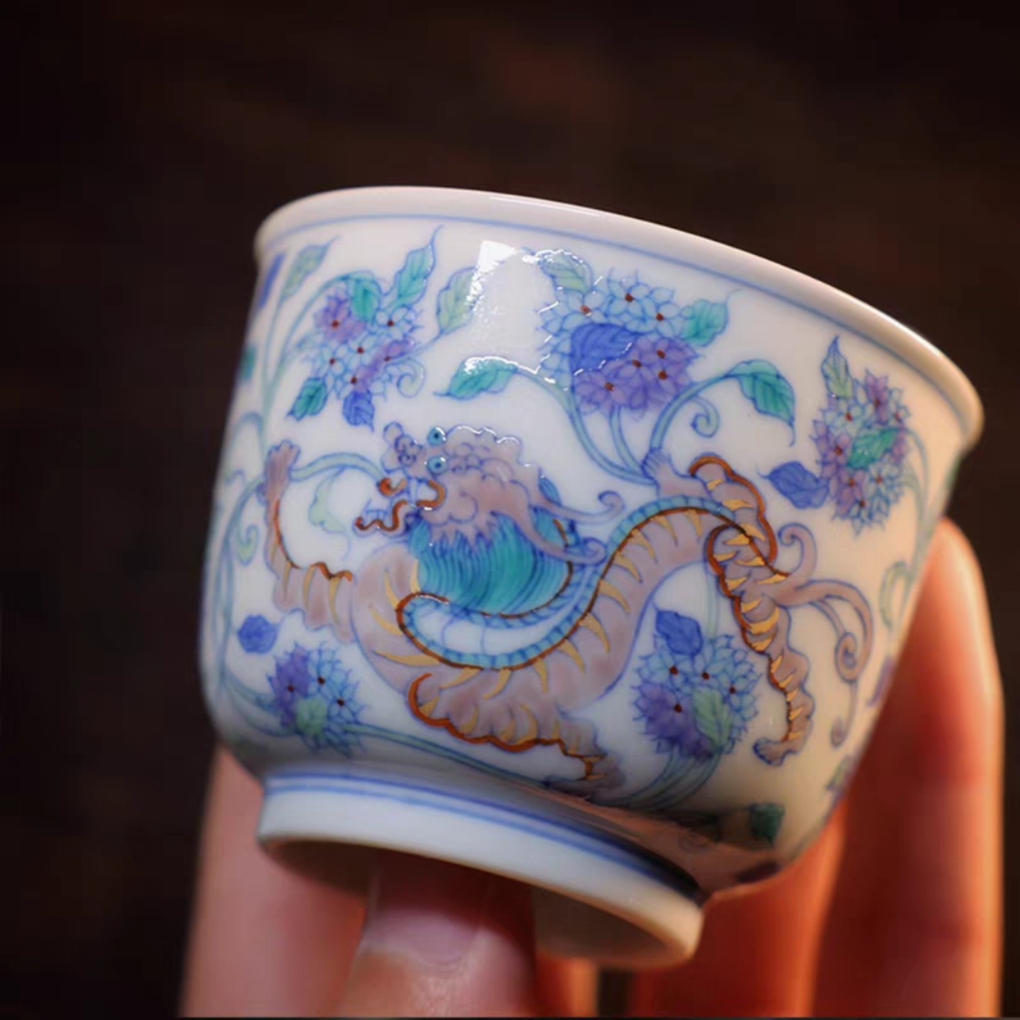 小白茶具//斗彩描金绣球双龙纹品杯·穿花双龙盖碗景德镇手工茶器