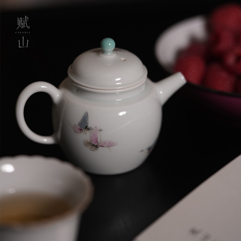景德镇手绘粉彩白色陶瓷泡茶壶