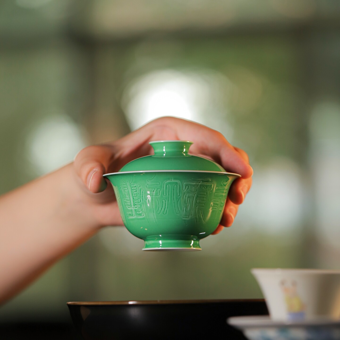 小白茶具//忘言造物愚彻系列坐看云起苔绿釉暗刻山水盖碗两才茶碗