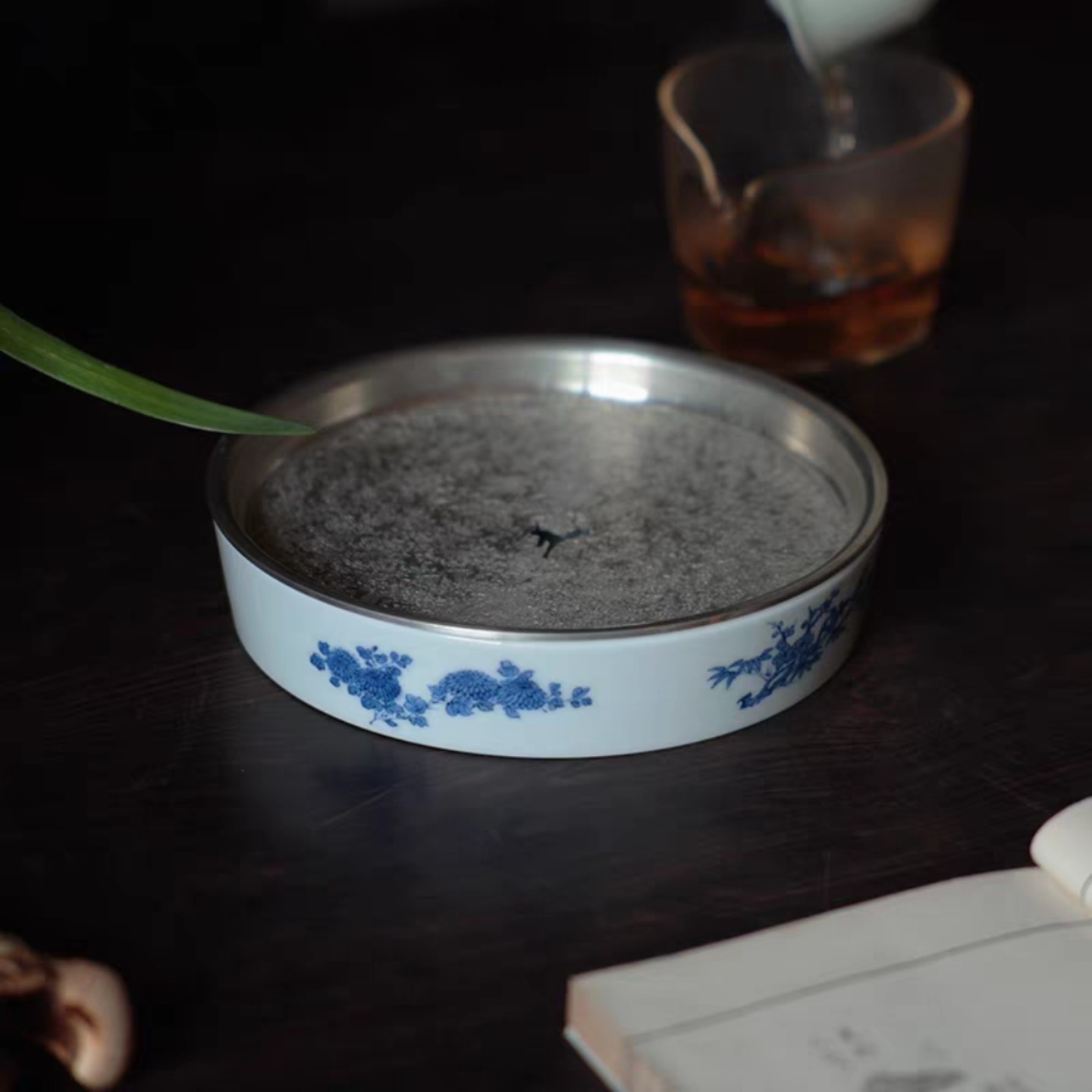 小白茶具//忘言造物清逸锡盖壶承圆形手绘陶瓷茶盘干泡盘带储水