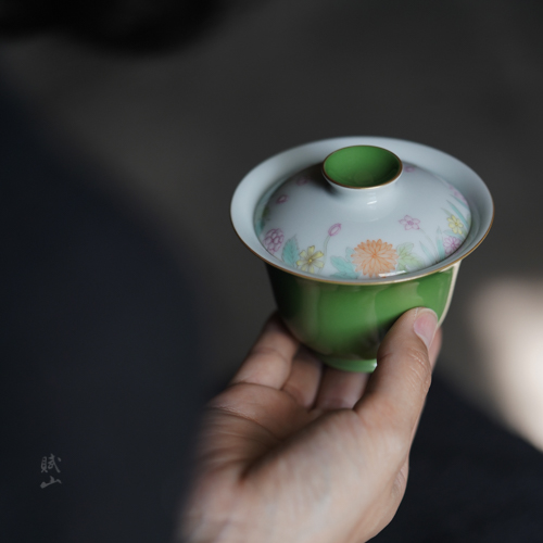 小白茶具//赋山堂翠微手绘矾红粉彩盖碗仿古景德镇防烫功夫泡茶碗