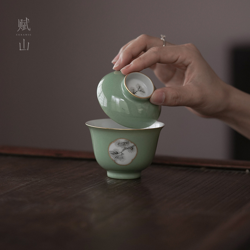 小白茶具//赋山堂石青松枝盖碗中式描金手绘开窗墨彩泡茶碗陶瓷
