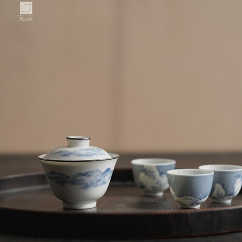 小白茶具//赋山叙青花山水包银口盖碗90ml岩茶茶碗景德镇手工茶器
