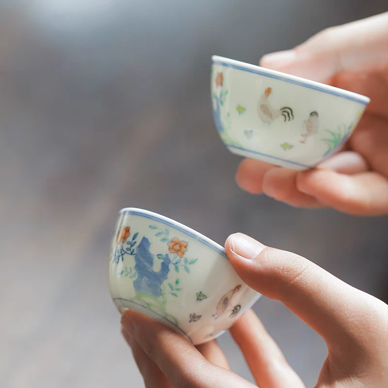 小白茶具//忘言造物拟康熙斗彩子母鸡图小盖碗·拟康熙斗彩鸡缸杯