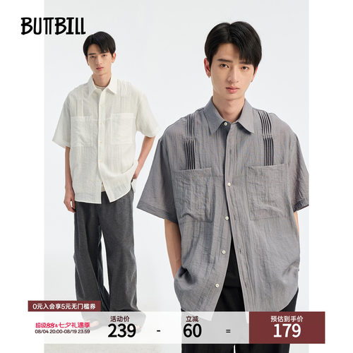 BUTTBILL通勤复古口袋短袖衬衫