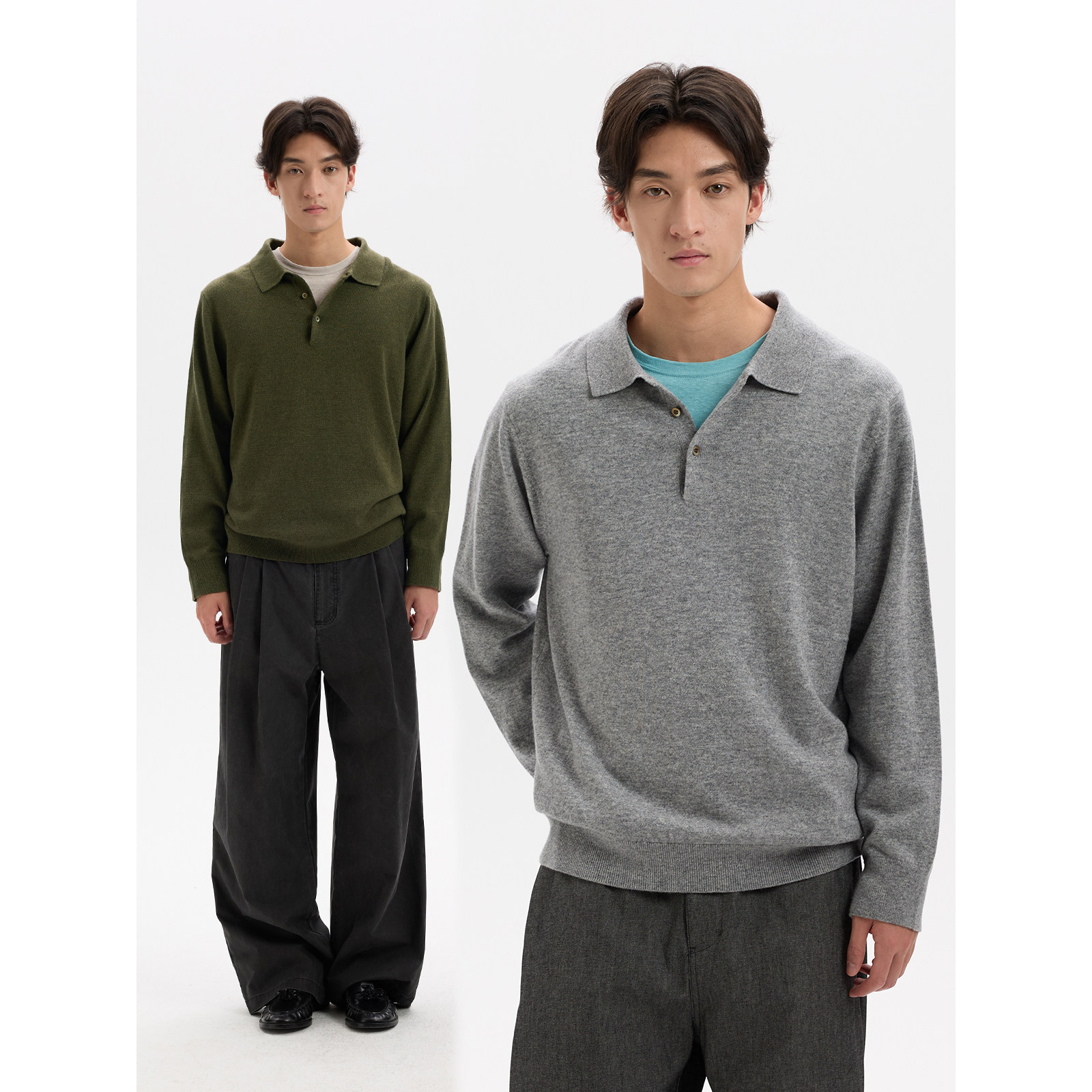BUTTBILL 简约贝壳扣翻领秋冬长袖男内搭针织POLO领混纺羊毛衣服