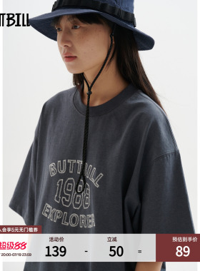 BUTTBILL 复古240G油画感刺绣T恤落肩宽松纯棉短袖男情侣上衣TEE