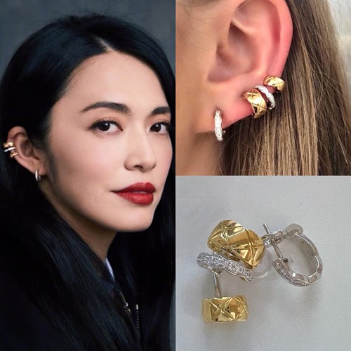 v金满钻银针耳环jennie同款金色小香菱格耳饰耳钉耳扣耳骨夹项链