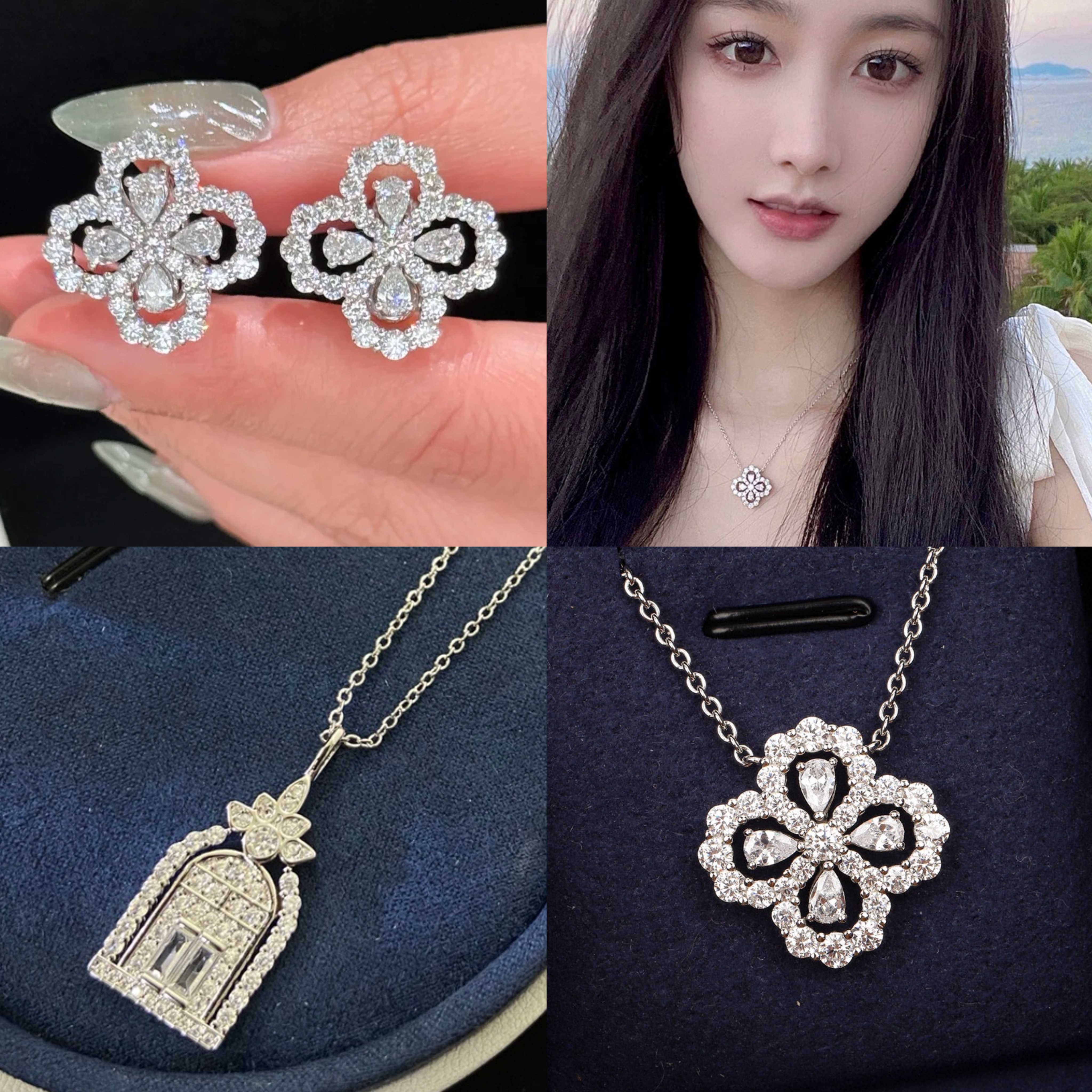 爱情之门四叶草项链女轻奢镀18k金满钻莫桑镶钻锁骨链高碳环耳钉
