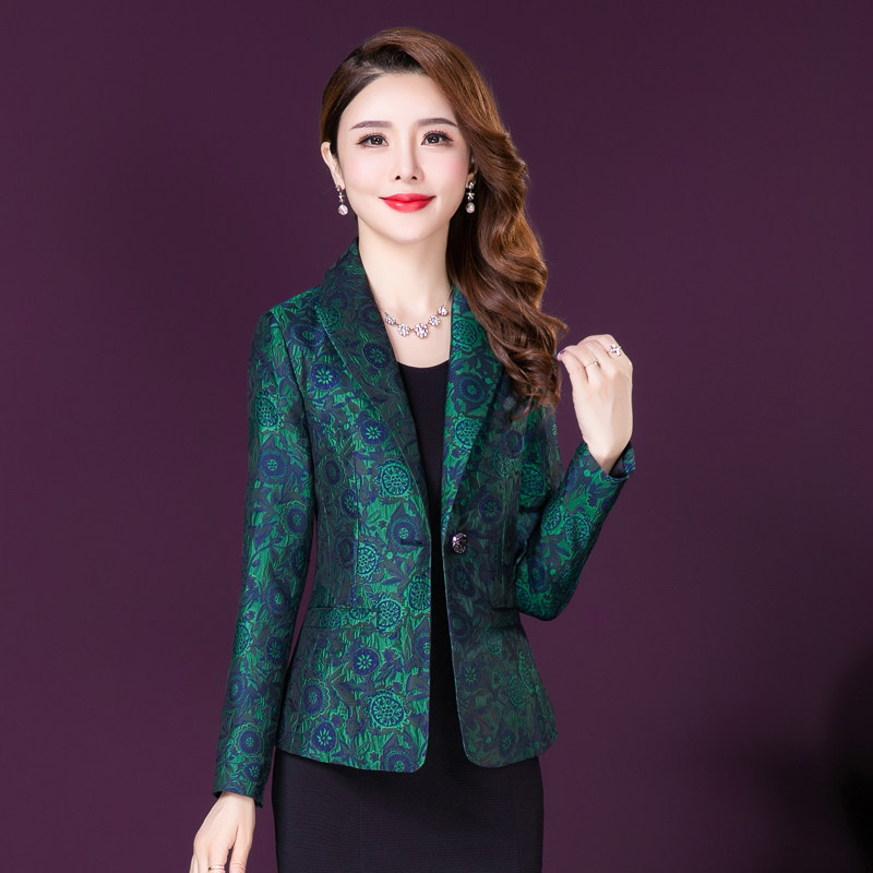 王小鸭小西装女外套2026春秋新品中年女士提花一粒扣短款长袖上衣