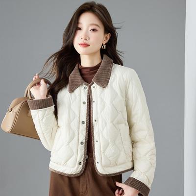 2025冬高品质轻薄羽绒服女修身显瘦小个子娃娃领减龄短款拼接外套