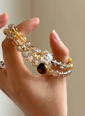 巧恩天然黄水晶黑金超黄虎眼银手链白水晶个性小众白水晶串珠