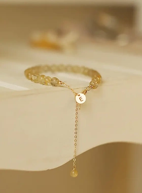 巧恩冰透天然金发晶手链女款字母14k包金小众气质水晶手串diy饰品