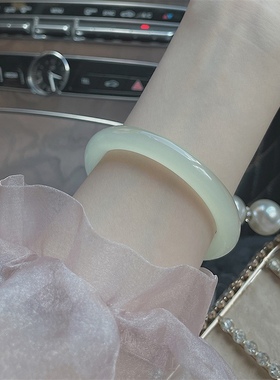 天然青白玉手镯女圆条少女冰种正品阿富汗玉镯子年轻款冰透青黄玉