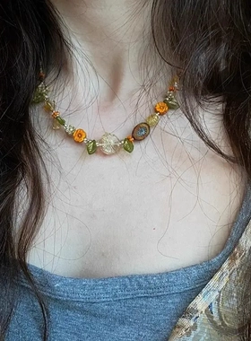 夏威夷氛围感海边小岛森系小众配饰植物叶子小清新花卉串珠项链女