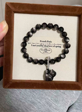 天然银曜石手串10mm小猫手串银曜石8mm 925银跑环