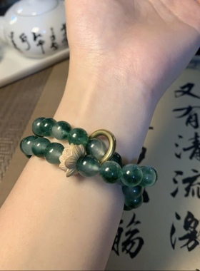 飘花绿单圈双圈手串女款新中式手链送闺蜜送女友黄杨木莲花沙金