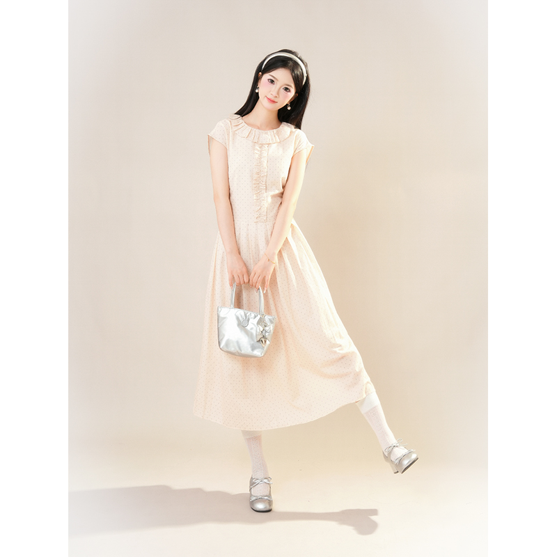 法式气质荷叶拼接波点连衣裙女夏新款小众设计感收腰显瘦绝美长裙