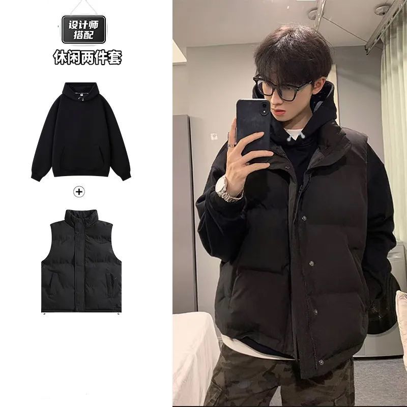 秋冬季纯色马甲卫衣套装两件套加厚防风保暖上衣百搭帅气马甲外套