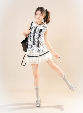 【甜甜蛋糕】日系复古vintage古着白色波点娃娃领无袖上衣+短裙女