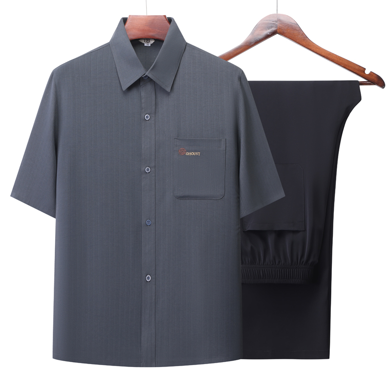 爸爸夏装套装冰丝短袖衬衫长裤男中老年人爷爷夏天休闲两件套衣服